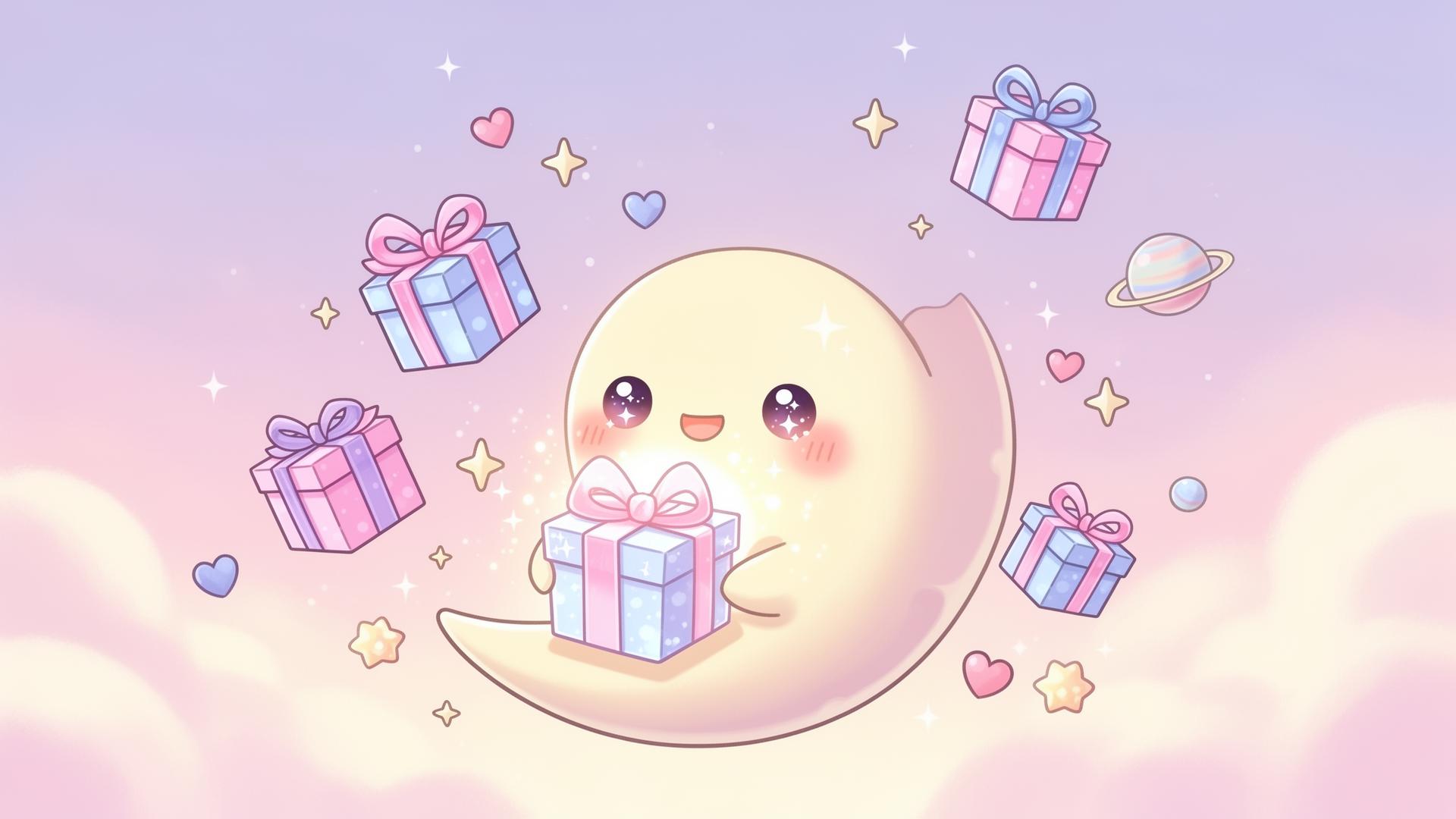 Luna the kawaii moon character holding a glowing mystery gift box surrounded by pastel presents and stars